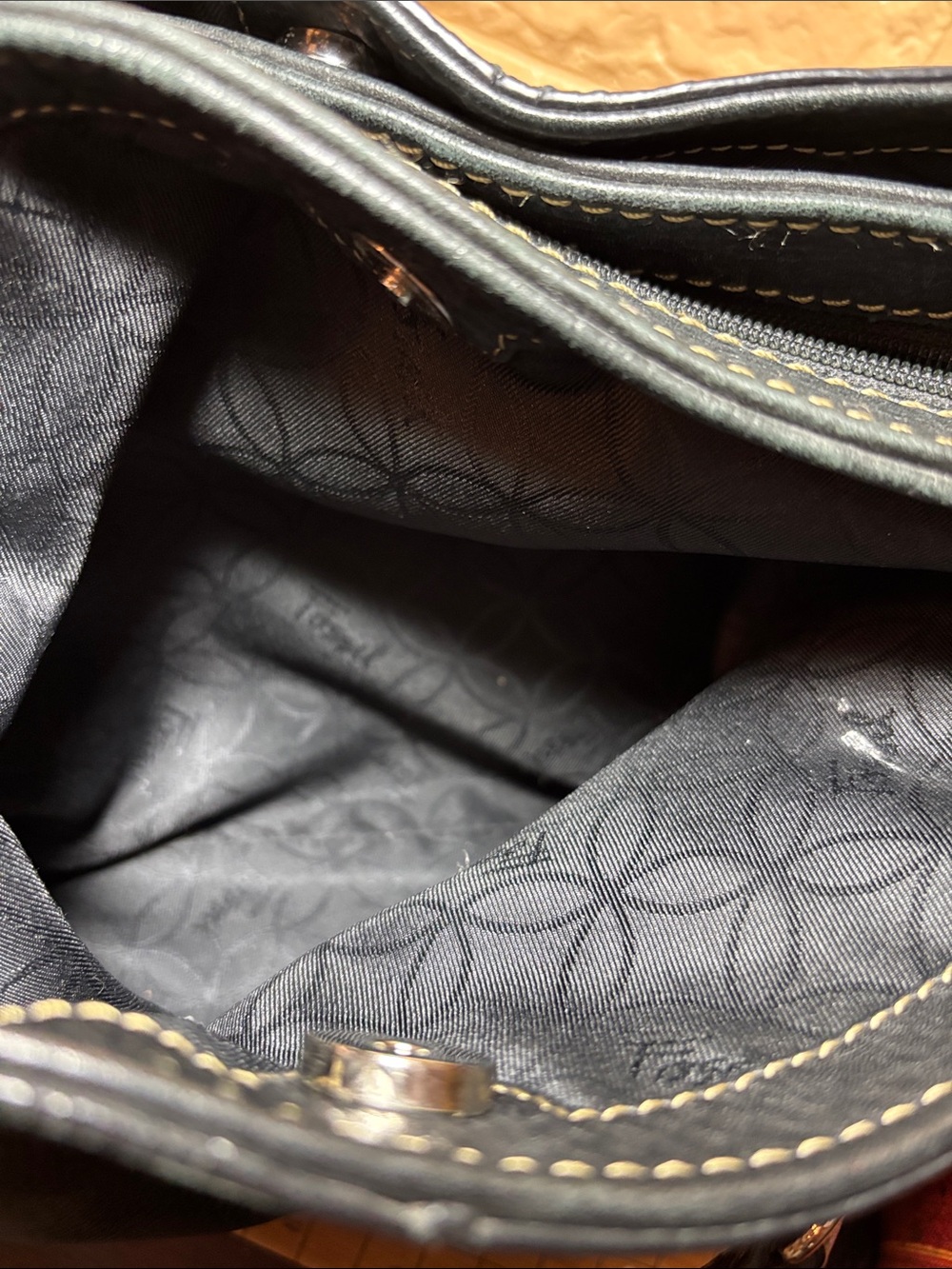 Fossil Leather Bag Bright Black Pebbled Satchel w Silver w Shoulder Strap - Picture 13 of 17